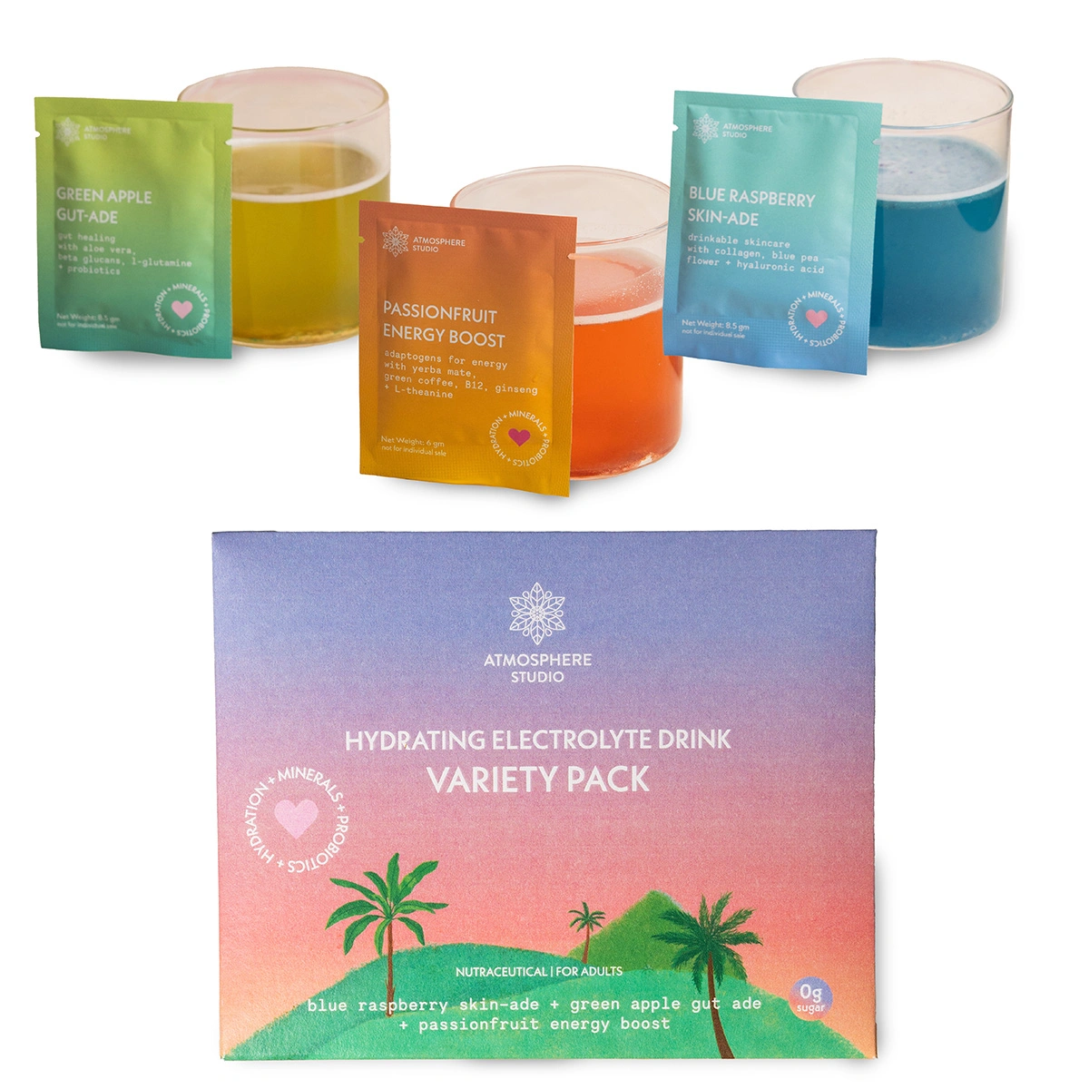 Atmosphere Electrolyte Powder Variety Pack | 15 Sachets (115 Grams) | 5 sachets each of: Green Apple Gut Ade | Blue Raspberry Skin-Ade | Passion fruit Energy Boost