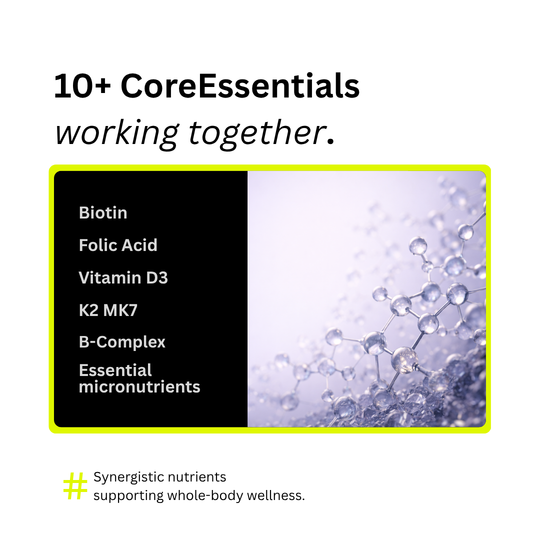 CoreEssentials multivitamin gummies with Biotin Folic Acid Vitamin D3 K2 MK7 and B Complex