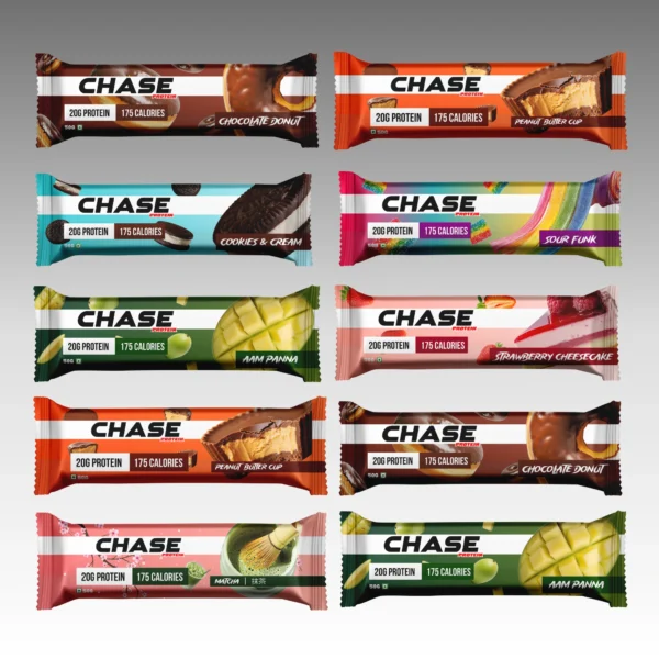 CHASE Protein Bars: 10 assorted flavors, 20g protein, 175 calories each. Available at Fitbee