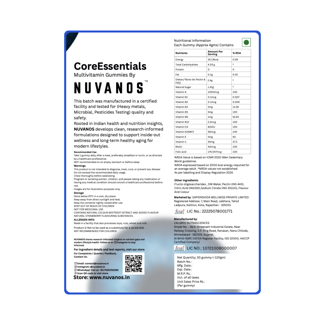CoreEssentials multivitamin gummies product label ingredient and manufacturing details