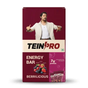 TeinPro Energy Bar- Berrilicious (Pack of 4), Soy Protein, 7g Protein, 6g Fibre, Real Strawberries & Cranberries, Granola, Vitamin C, D2 & E, Ashwagandha & Rosemary Extract, 0 Added Sugar, Trans-Fat Free, 100% Vegetarian, 160g