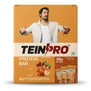 TeinPro Protein Bar- Butterscotch (Pack of 4), Casein & Whey Protein, 20g Protein, 8g Fibre, Ashwagandha & Rosemary Extract, 0 Added Sugar, Trans-Fat Free, 100% Vegetarian, 240g