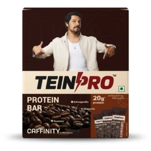 TeinPro Protein Bar- Caffinity (Pack of 4), Coffee Arabica, Casein & Whey Protein, 20g Protein, 3g Fibre, Ashwagandha & Chamomile Extract, 0 Added Sugar, Trans-Fat Free, 100% Vegetarian, 240g