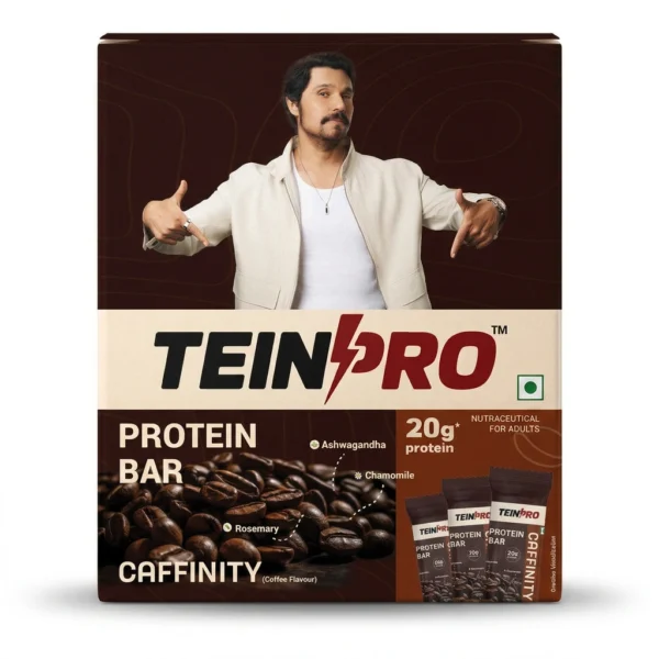 TeinPro Protein Bar- Caffinity (Pack of 4), Coffee Arabica, Casein & Whey Protein, 20g Protein, 3g Fibre, Ashwagandha & Chamomile Extract, 0 Added Sugar, Trans-Fat Free, 100% Vegetarian, 240g