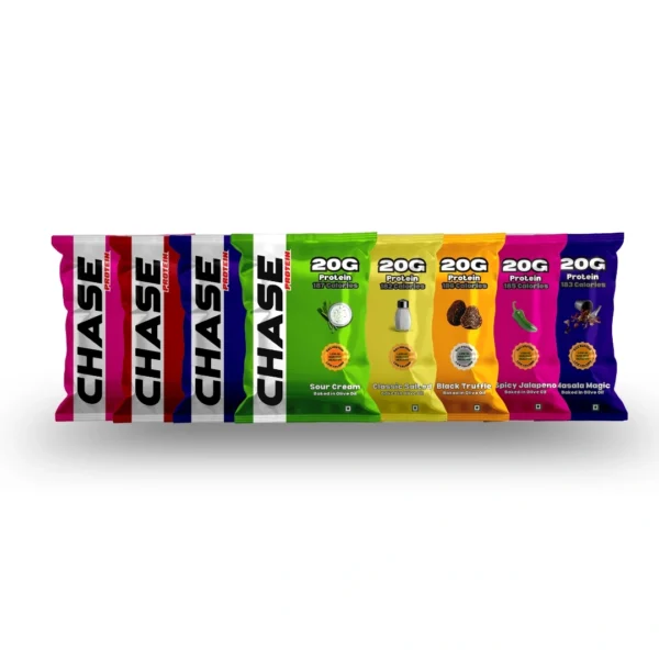 CHASE Protein Puffs in assorted flavors: Sour Cream, Classic Salted, Black Truffle, and Masala Magic. Available at Fitbee