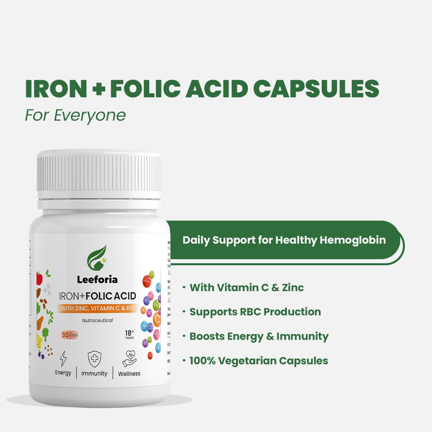 Leeforia Iron with Folic Acid & Vitamin B12 for Women & Men | Hemoglobin Booster | Energy & Anemia Support | 30 Veg Capsules - Image 2