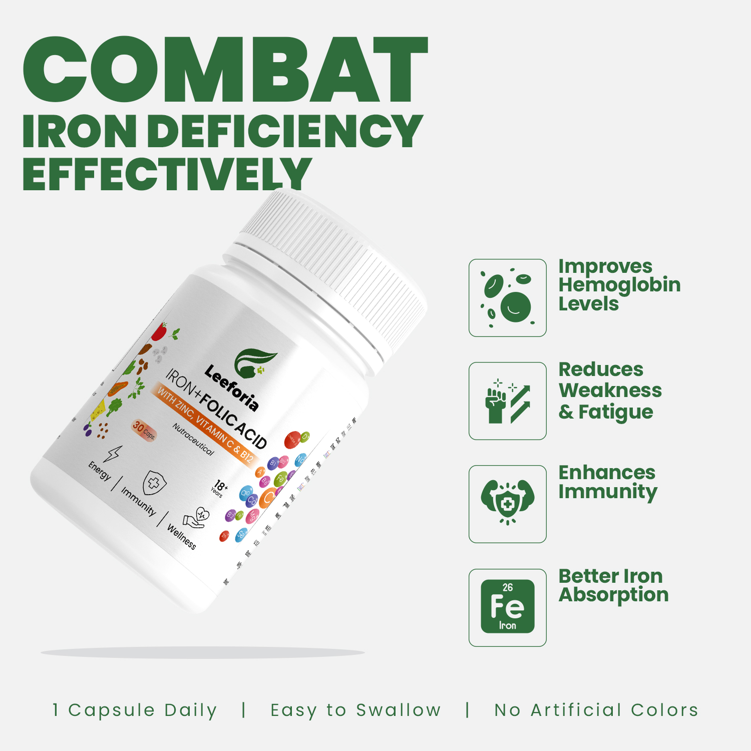 Leeforia Iron with Folic Acid & Vitamin B12 for Women & Men | Hemoglobin Booster | Energy & Anemia Support | 30 Veg Capsules - Image 3