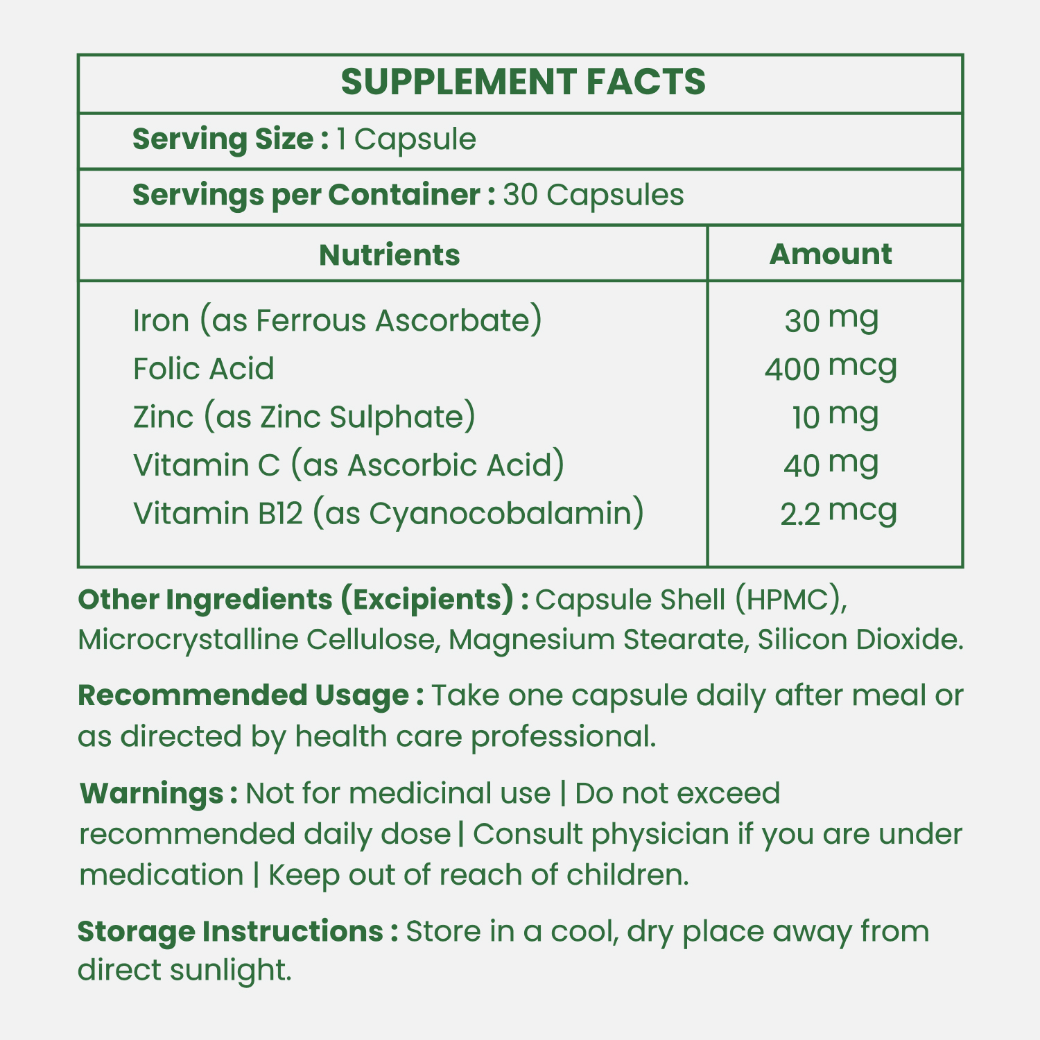 Leeforia Iron with Folic Acid & Vitamin B12 for Women & Men | Hemoglobin Booster | Energy & Anemia Support | 30 Veg Capsules - Image 6