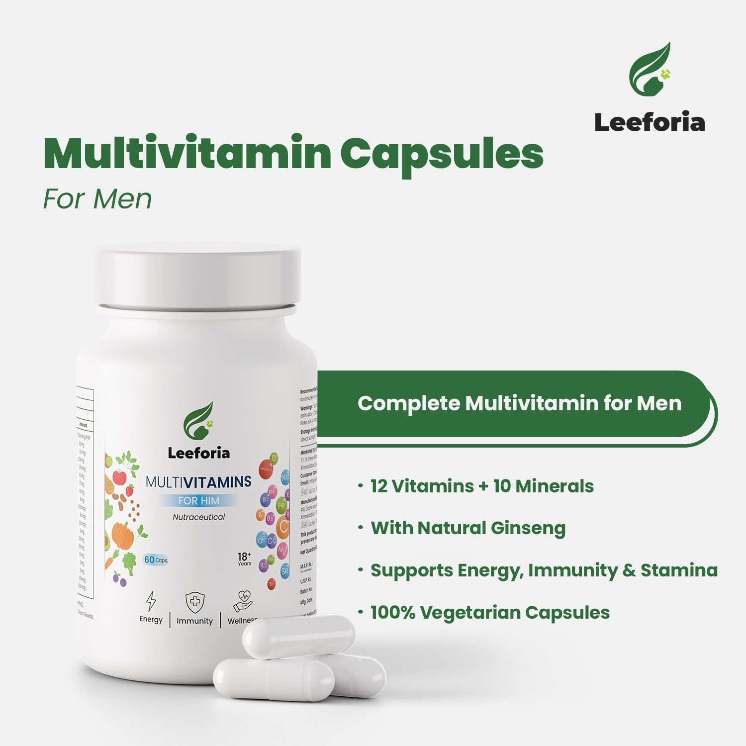 Leeforia Multivitamins for Him, Vitamin B12, Zinc - Immunity & Strong Bones, 30 Capsules - Image 6