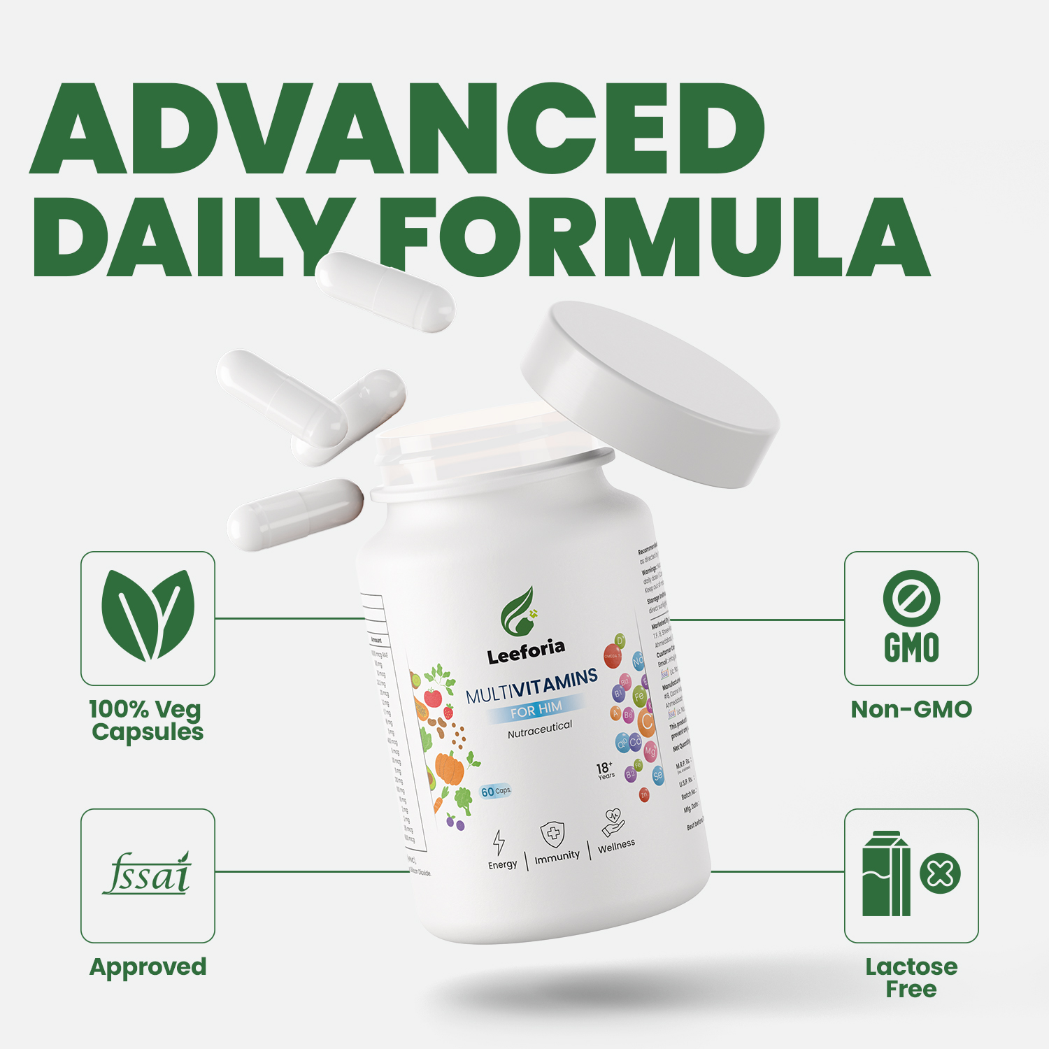 Leeforia Multivitamins for Him, Vitamin B12, Zinc - Immunity & Strong Bones, 30 Capsules - Image 4