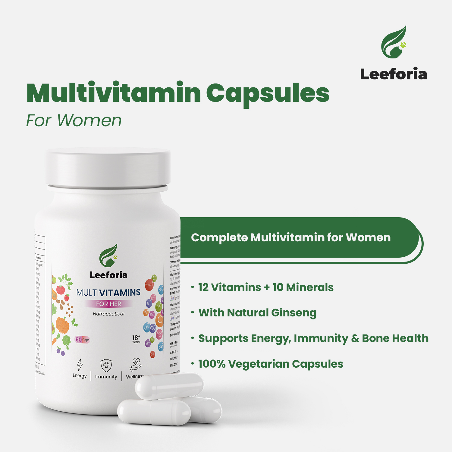Leeforia Multivitamin for Women | 100% Plant, Non-Synthetic | With Biotin, Zinc, Vitamin C, D3 for Immunity, Hair, Skin, Bones & Overall Wellness | 60 Capsules - Image 2