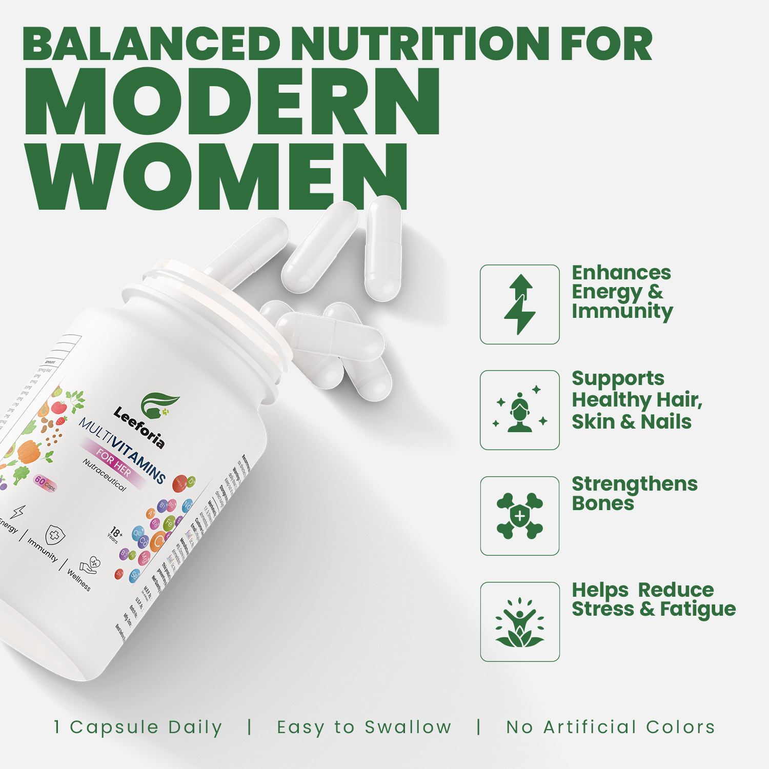 Leeforia Multivitamin for Women | 100% Plant, Non-Synthetic | With Biotin, Zinc, Vitamin C, D3 for Immunity, Hair, Skin, Bones & Overall Wellness | 60 Capsules - Image 3