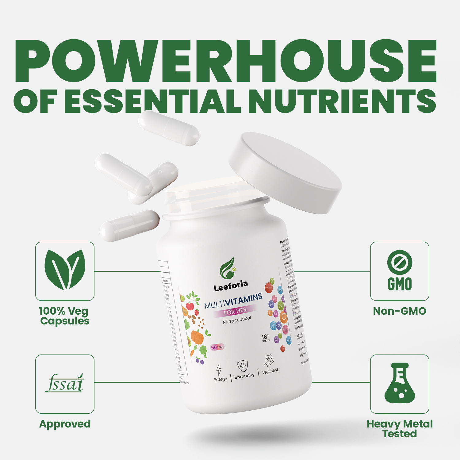 Leeforia Multivitamin for Women | 100% Plant, Non-Synthetic | With Biotin, Zinc, Vitamin C, D3 for Immunity, Hair, Skin, Bones & Overall Wellness | 60 Capsules - Image 4