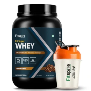 Fitspire Super Fit Whey Protein Powder 1 kg Supplement with Shaker Combo | Gourmet Coffee Flavor | Zero Added Sugar Formula with Digestive Enzymes for Better Absorption