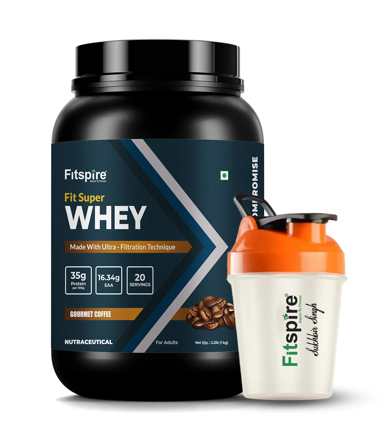 Fitspire Super Fit Whey Protein Powder 1 kg Supplement with Shaker Combo | Gourmet Coffee Flavor | Zero Added Sugar Formula with Digestive Enzymes for Better Absorption