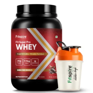 Fitspire Fit Super Pro Whey Protein Supplement with Shaker Combo | Double Rich Chocolate Flavor | 36g Protein per 100g, Digestive Enzymes, Supports Rapid Muscle Recovery