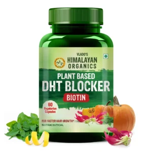 Green bottle of Himalayan Organics DHT blocker hair vitamins