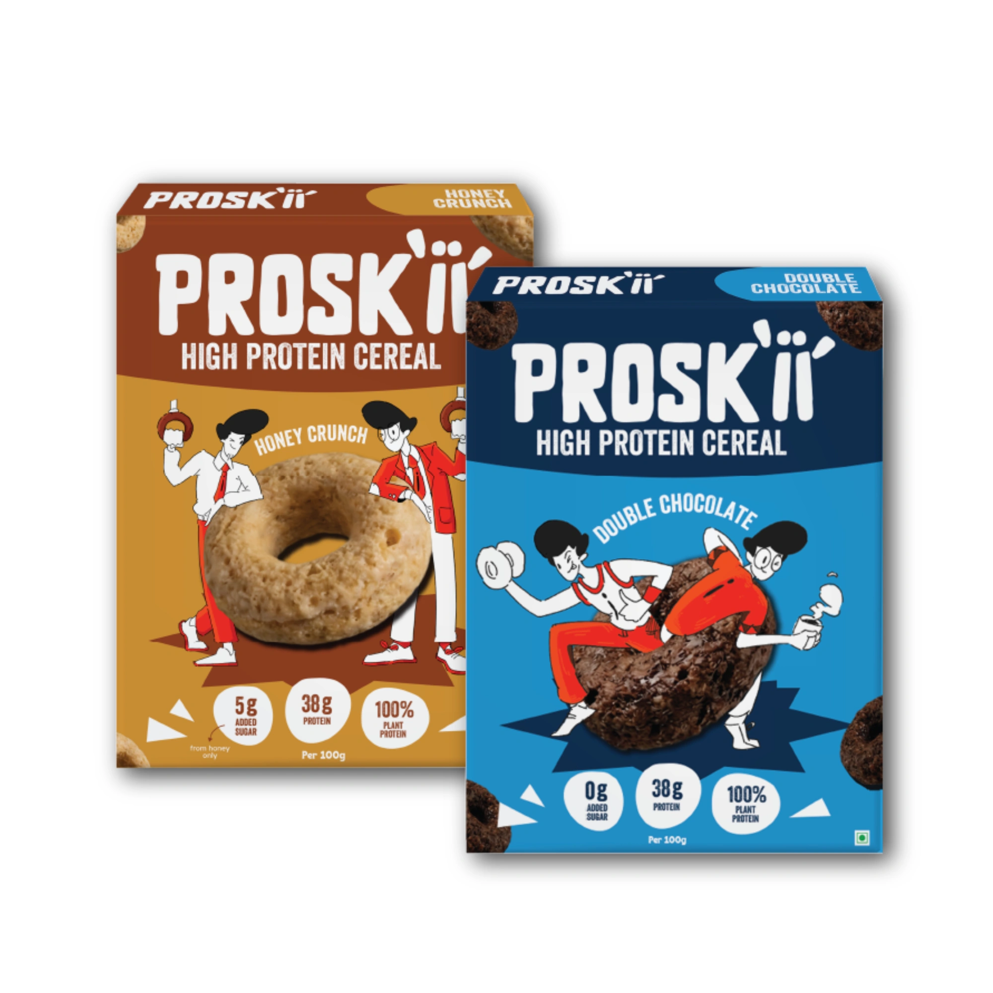 PROSKII High Protein Breakfast Cereal Combo Pack | Honey Crunch & Double Chocolate | 38g-38.23g Plant Protein, 0g Added Sugar | Golden Honey Glaze & Rich Cocoa Crunch
