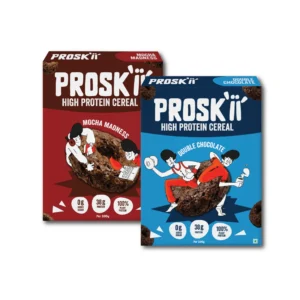 PROSKII High Protein Breakfast Cereal (Combo Pack: Mocha Madness & Double Chocolate) | 38g Plant Protein | Zero Added Sugar, Gluten-Free, Vegan, No Preservatives | 400g