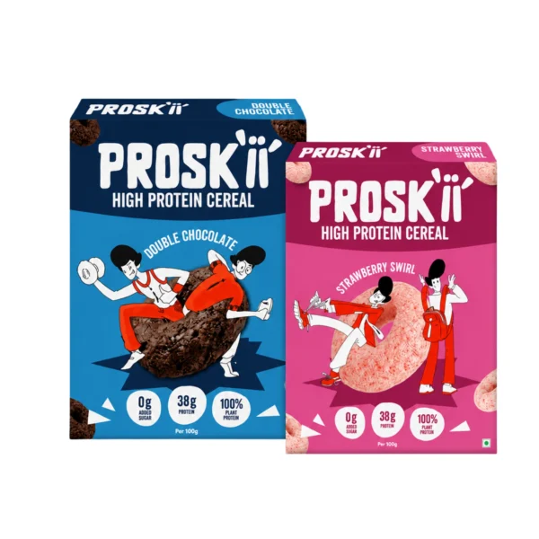PROSKII High Protein Cereal | Double Chocolate + Strawberry Swirl | 100% Vegan & Plant-Based Cold Breakfast Cereal, 0g Added Sugar