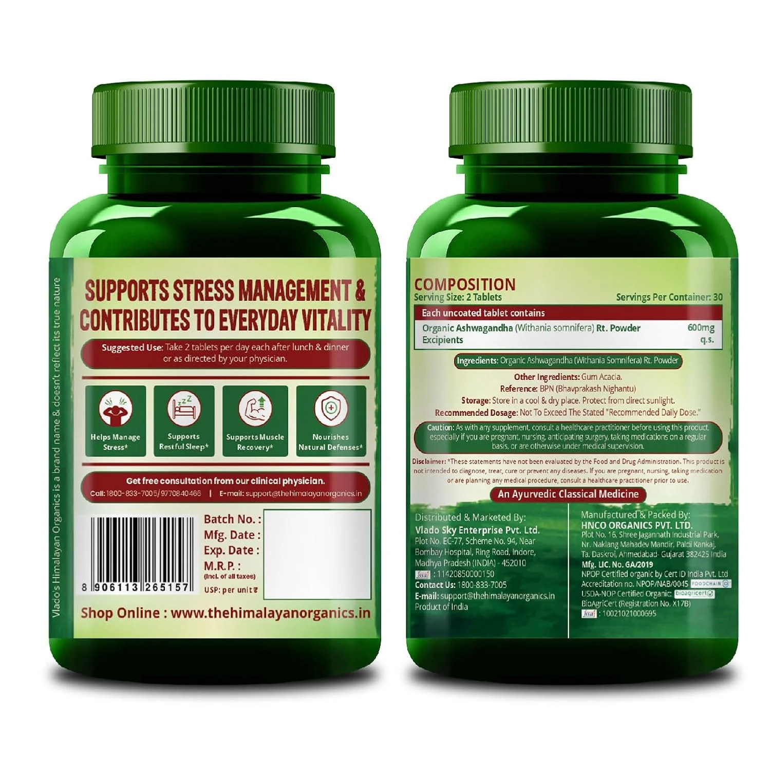 Vlado Himalayan Organics Ashwagandha 1200mg Tablets Bottle
