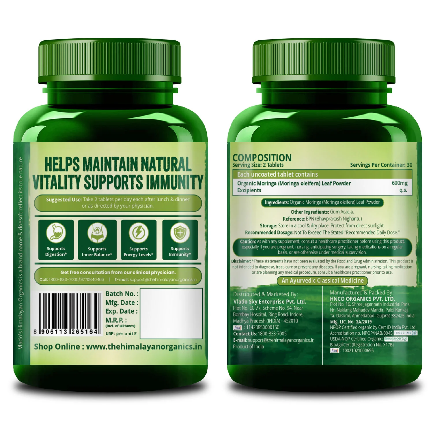 Vlado's Himalayan Organics Moringa Tablets 1200mg Green Bottle