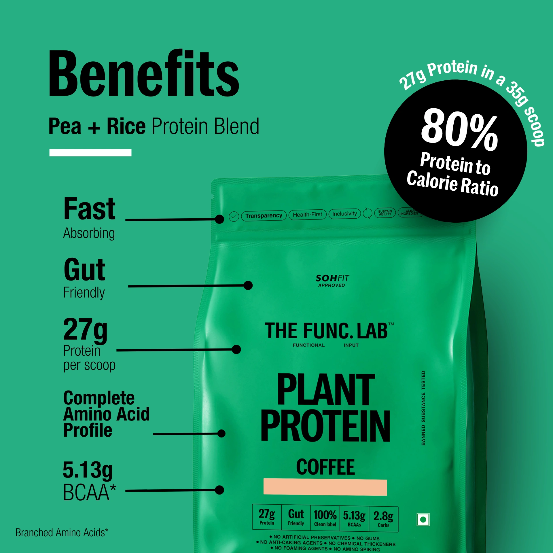 Func Lab Plant Protein Coffee Flavour 1kg 27g Protein Scoop