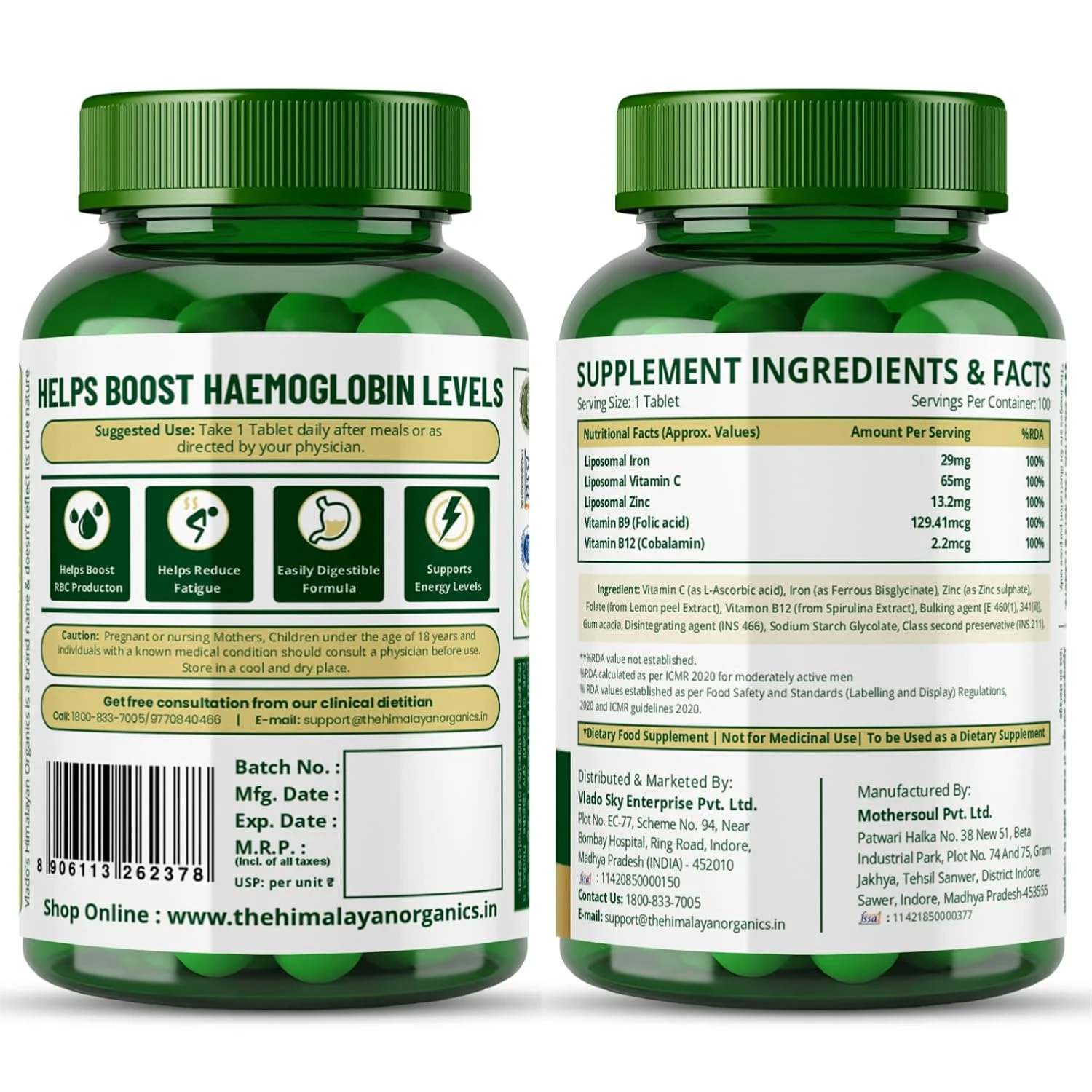 Vlado Himalayan Organics Liposomal Iron Tablets Supplement Bottle Label