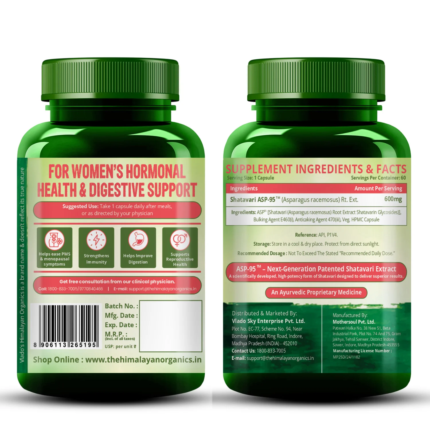 Vlado Himalayan Organics Shatavari Extract 600mg 60 Veg Capsules