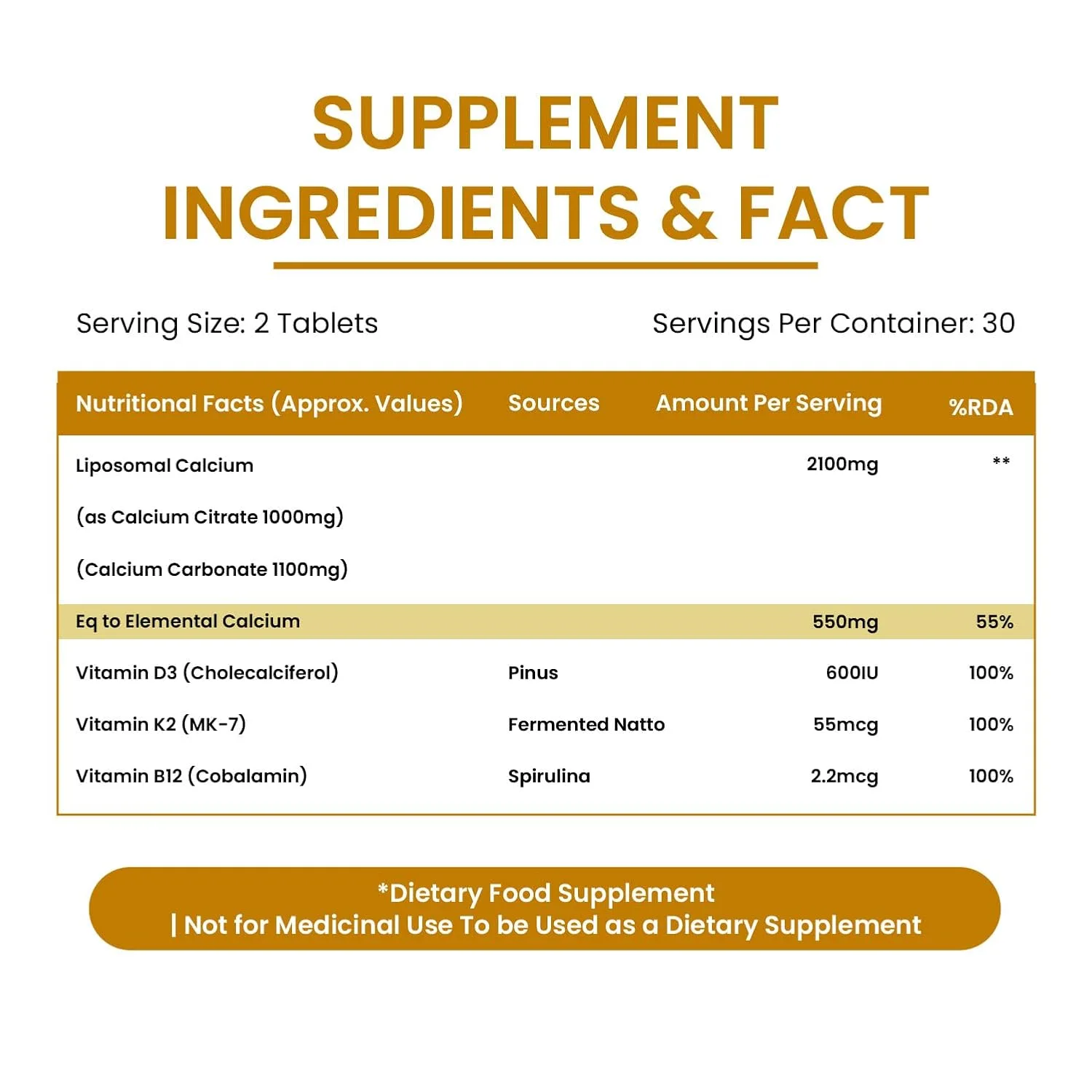 Vlado’s Himalayan Liposomal Calcium Nutrition Facts Supplement Label