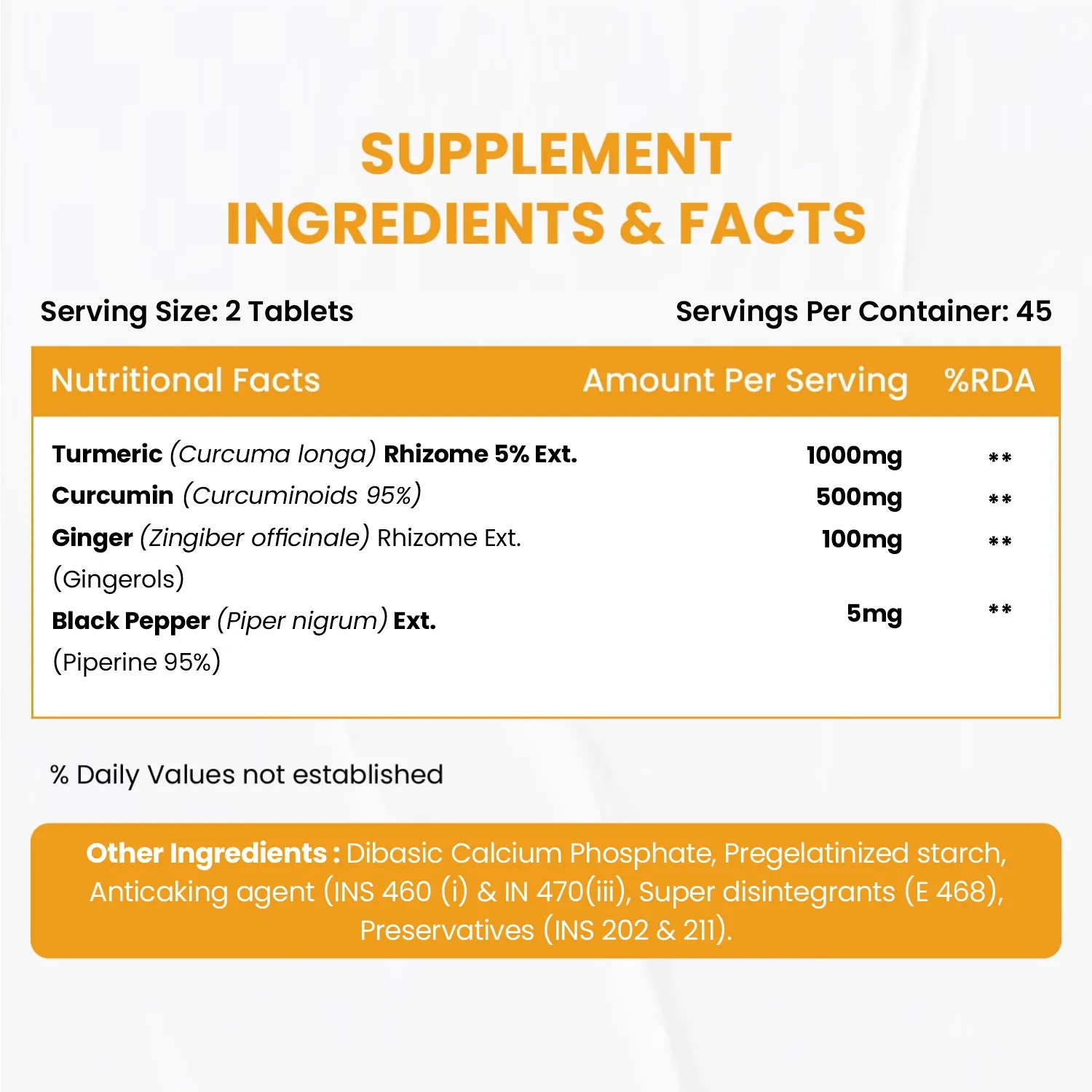 Vlado's Himalayan Organics Curcumin 1500mg Nutrition Facts and Supplement Label
