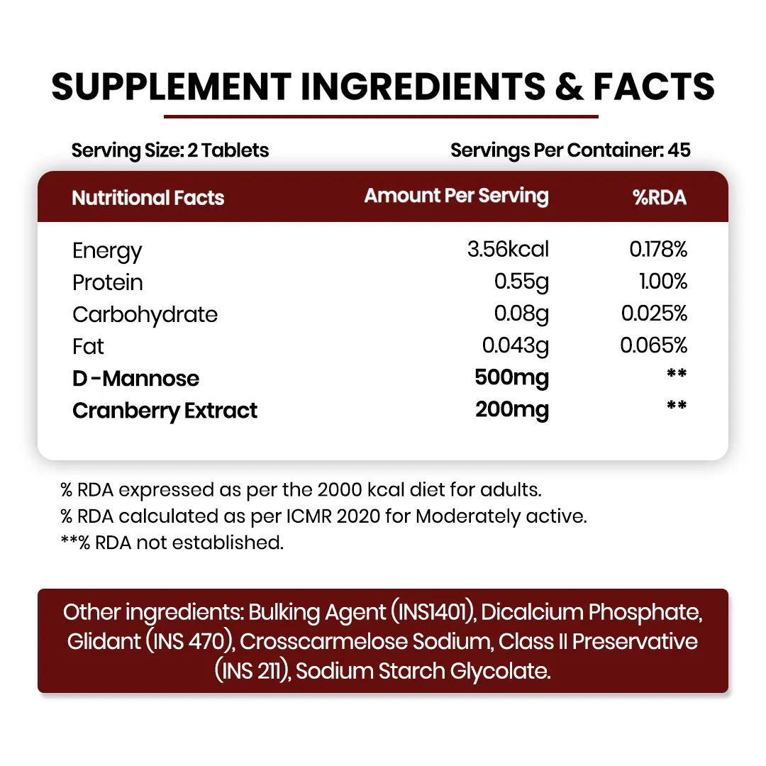 D Mannose and Cranberry tablets for kidney health