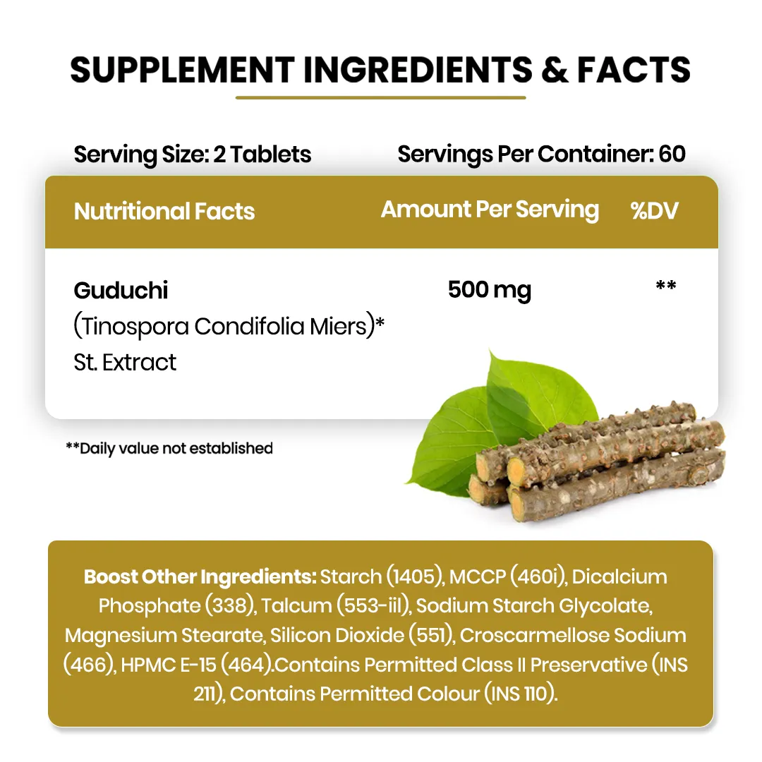 Supplement ingredients label and Guduchi sticks on white background