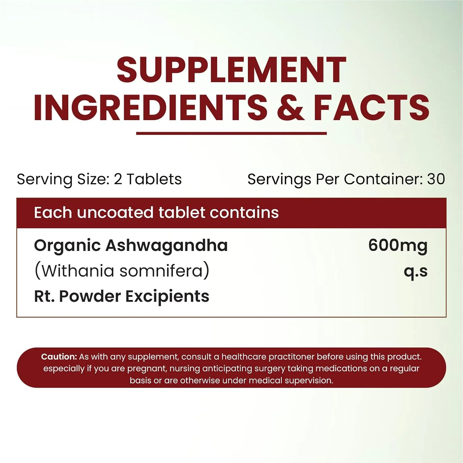 Vlado Himalayan Organics Ashwagandha Nutrition Facts and Supplement Label