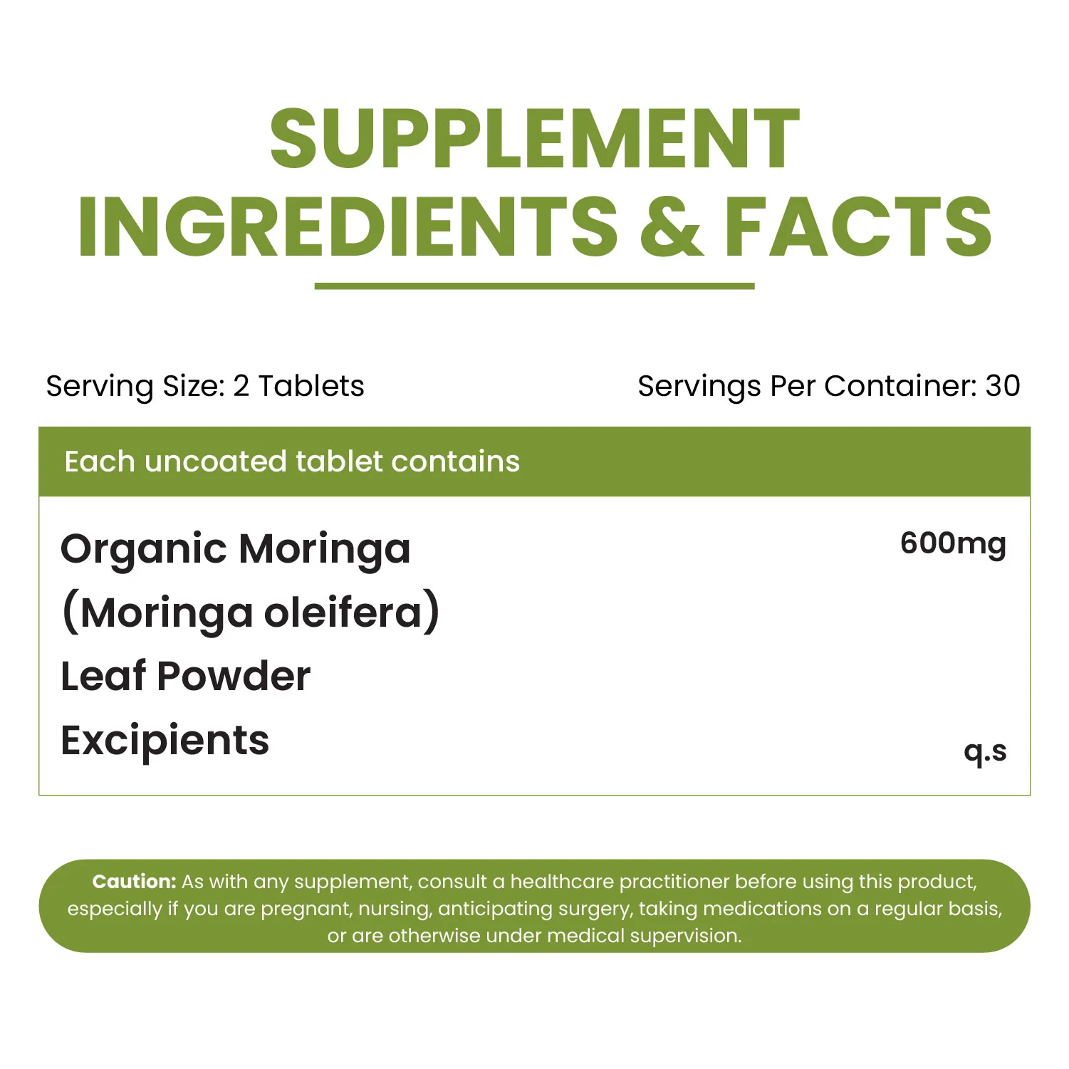 Vlado's Himalayan Organics Moringa Tablets Nutrition Facts and Supplement Label