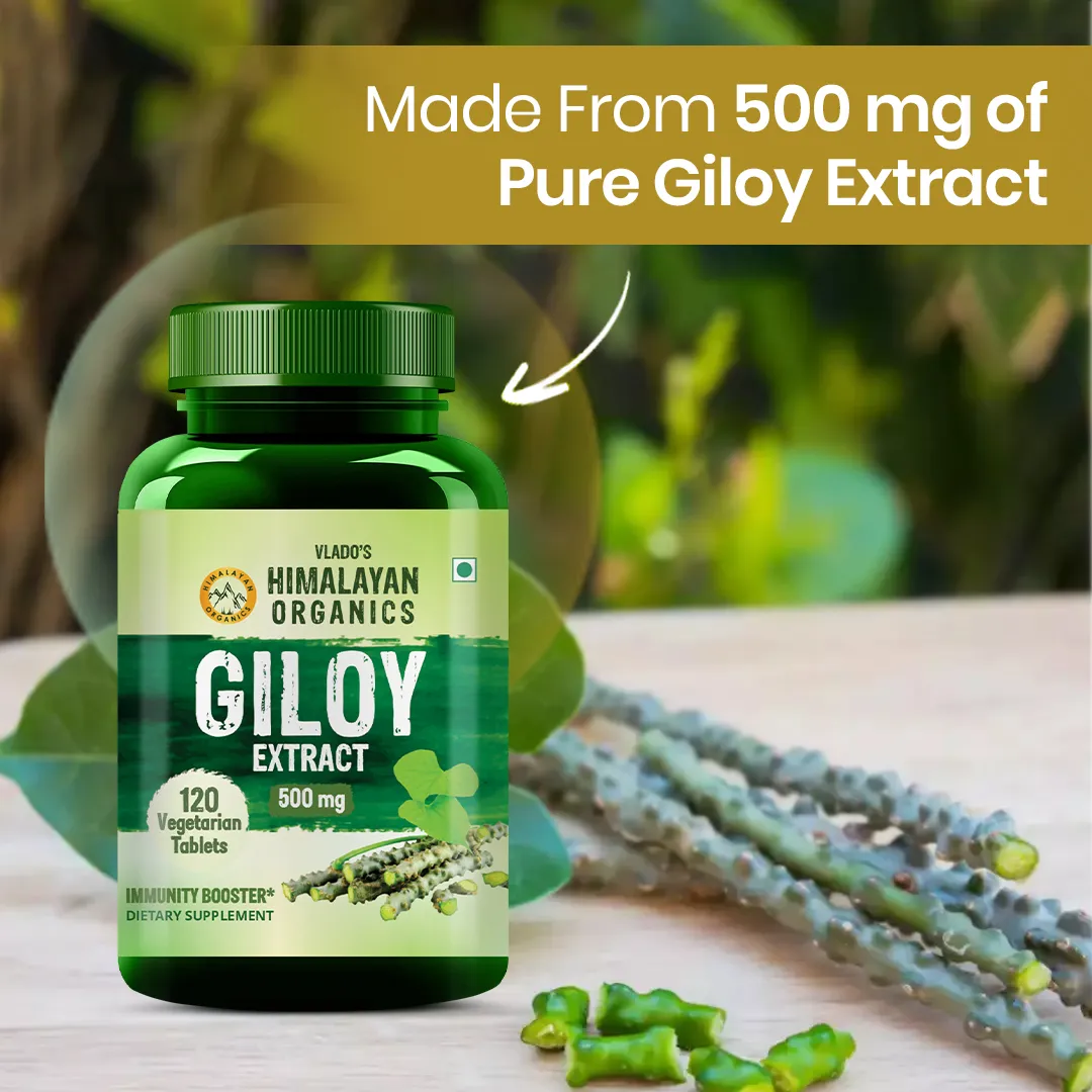 Green bottle of Vlado's Himalayan Organics Giloy Extract tablets