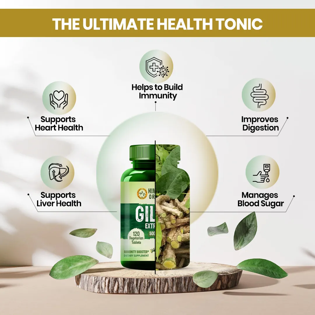 Giloy extract bottle surrounded by herbal immunity benefit icons