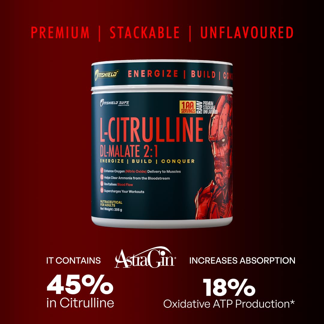 Mshield Sups L-Citrulline DL-Malate 2:1 | High-Performance Amino Acid Formula for Nitric Oxide & Vascularity | Enhanced with AstraGin | 100 Servings (Unflavoured, 205g) - Image 3