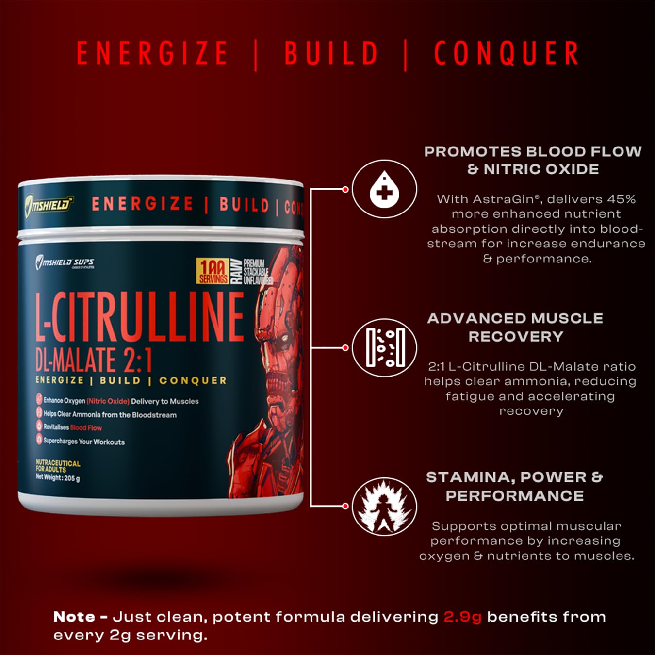 Mshield Sups L-Citrulline DL-Malate 2:1 | High-Performance Amino Acid Formula for Nitric Oxide & Vascularity | Enhanced with AstraGin | 100 Servings (Unflavoured, 205g) - Image 5