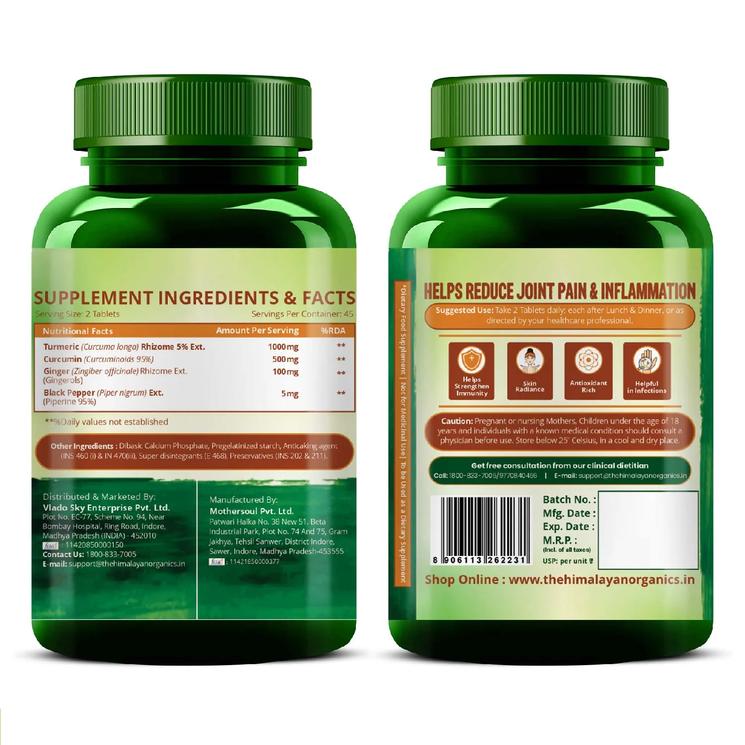 Vlados Himalayan Organics Curcumin 1500mg Tablets Bottle Label