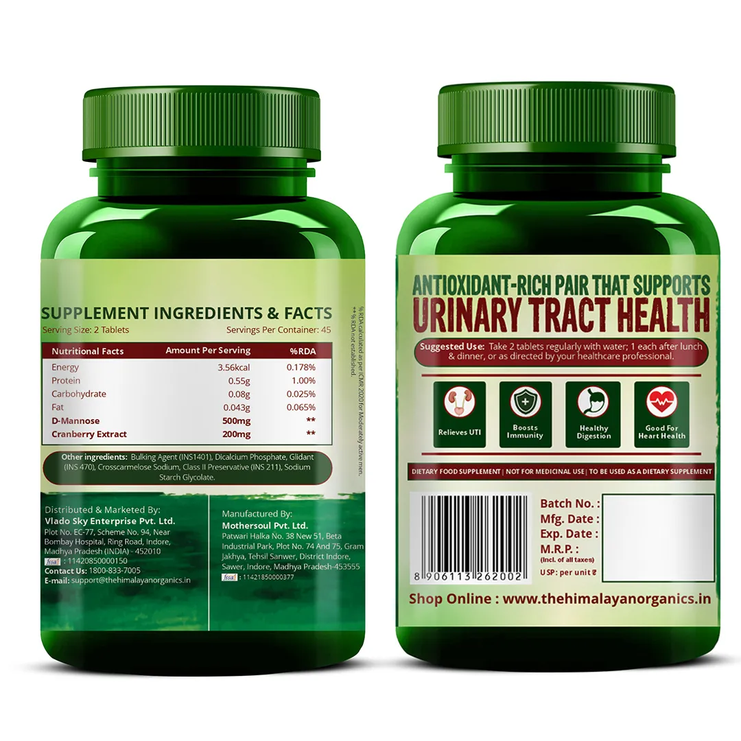 Front and back label of a green supplement bottle for urinary tract health