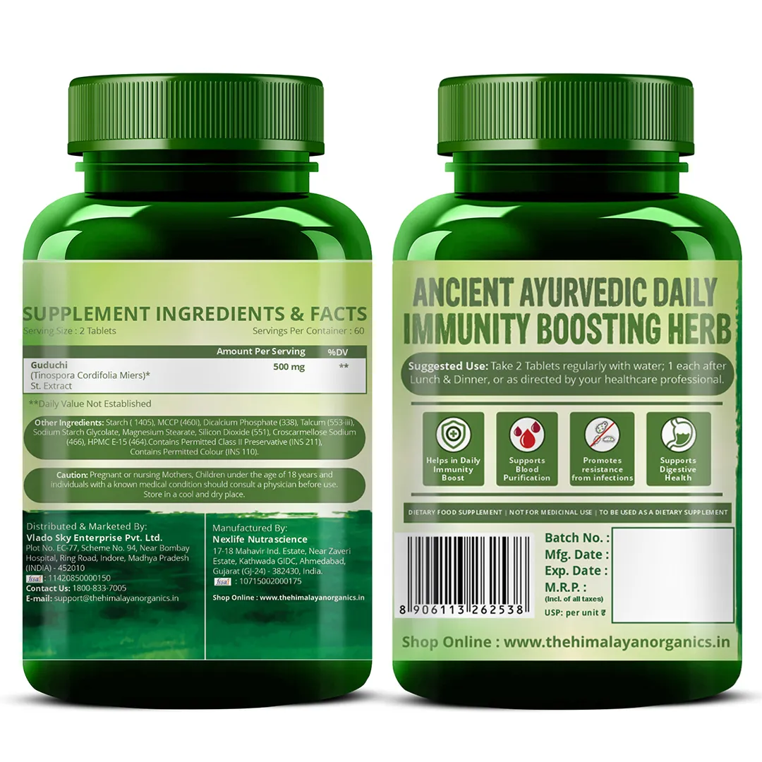 Two green pill bottles showing Guduchi supplement ingredients and benefits