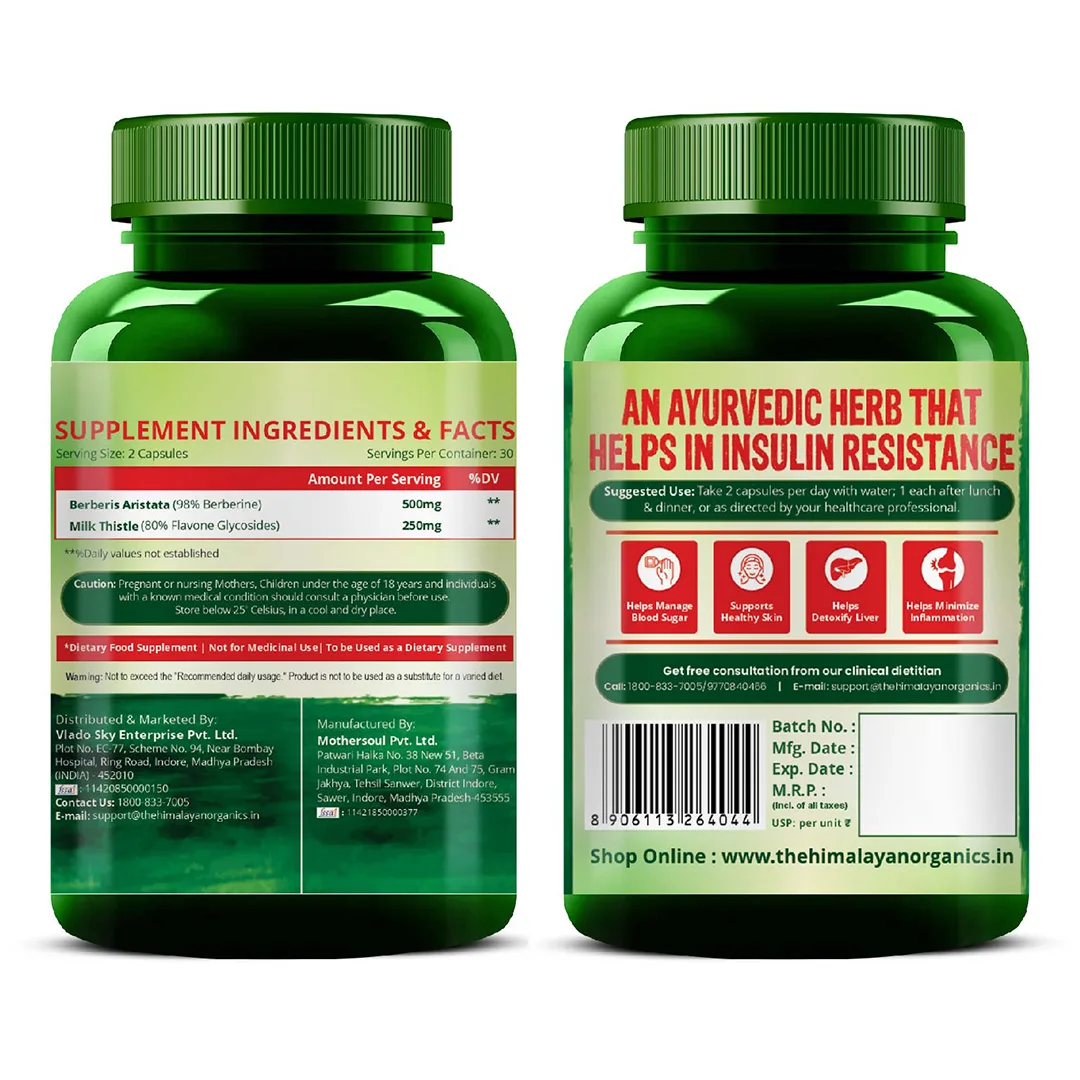 Berberine 750mg capsules with milk thistle