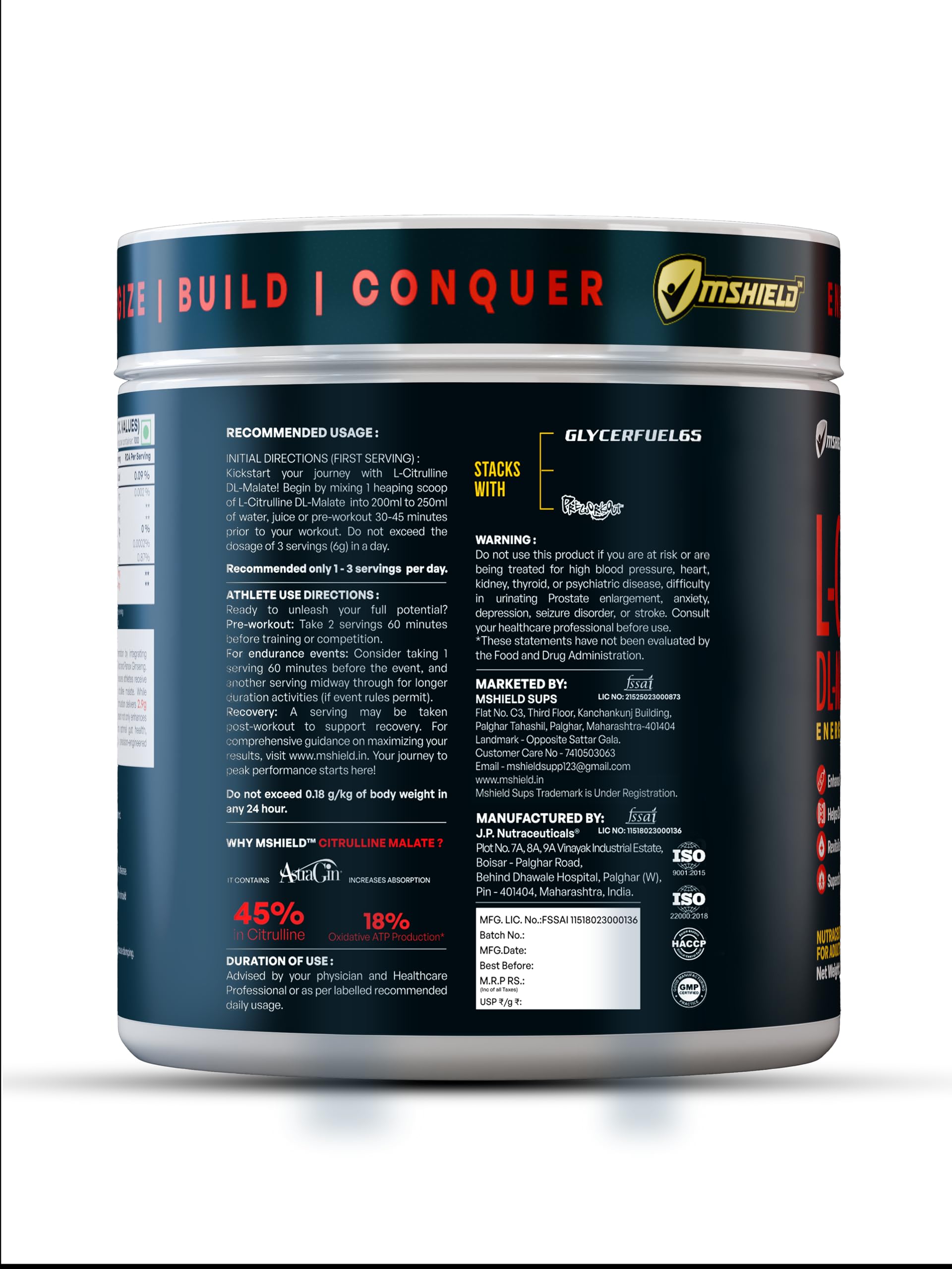 Mshield Sups L-Citrulline DL-Malate 2:1 | High-Performance Amino Acid Formula for Nitric Oxide & Vascularity | Enhanced with AstraGin | 100 Servings (Unflavoured, 205g) - Image 2