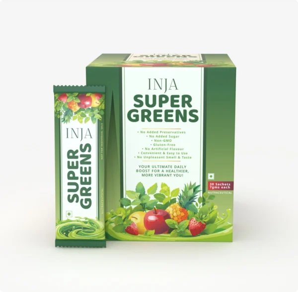 INJA Super Greens | Complete Daily Greens for Men & Women | 40+ Vitamins, Minerals Superfoods, Adaptogens & Antioxidants for Immunity, Energy, Detox, Gut Health | 30 Sachets