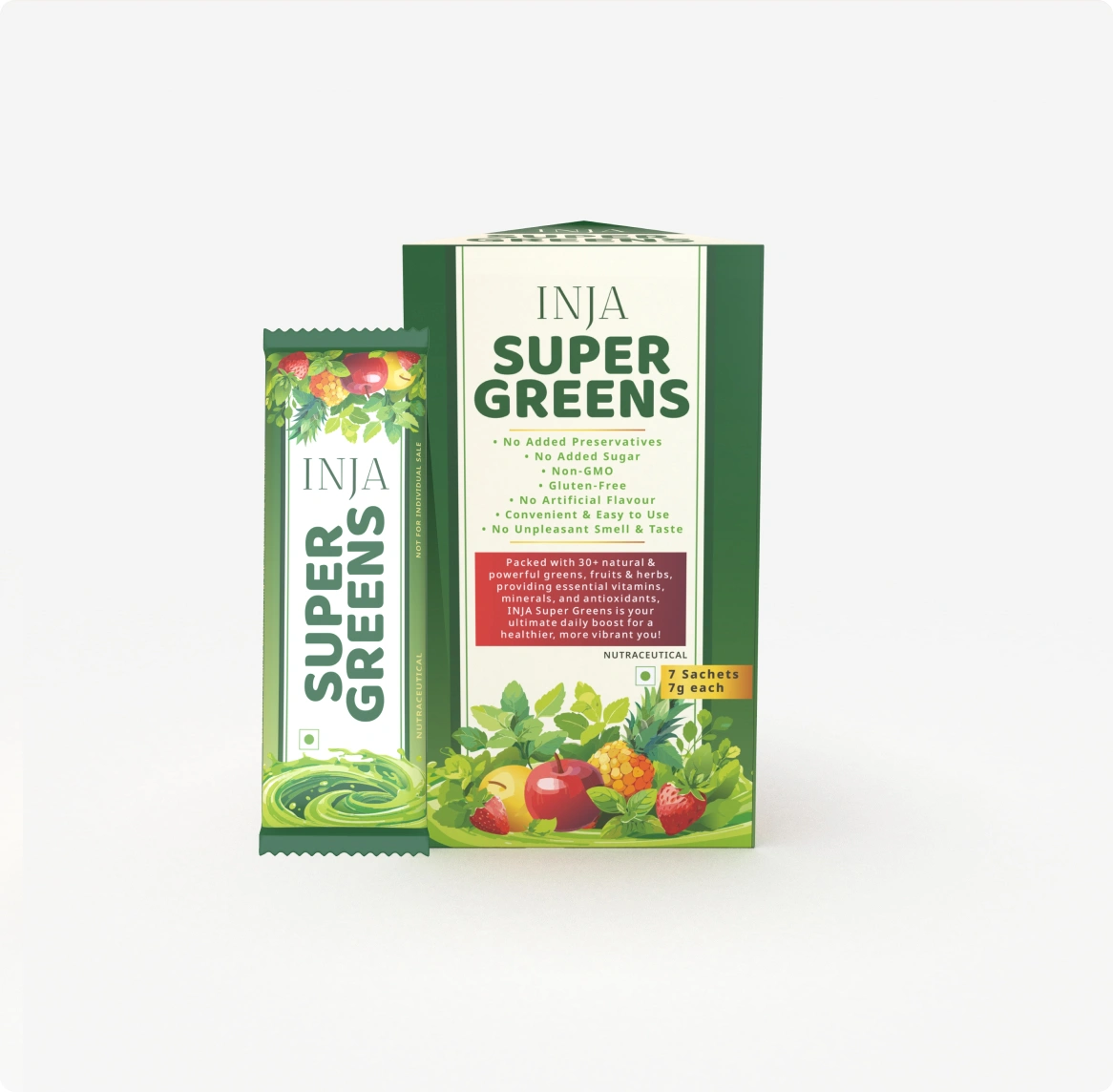 INJA Super Greens | Complete Daily Greens for Men & Women | 40+ Vitamins | Minerals Superfoods, Adaptogens & Antioxidants for Immunity, Energy, Detox, Gut Health | 7 Sachets