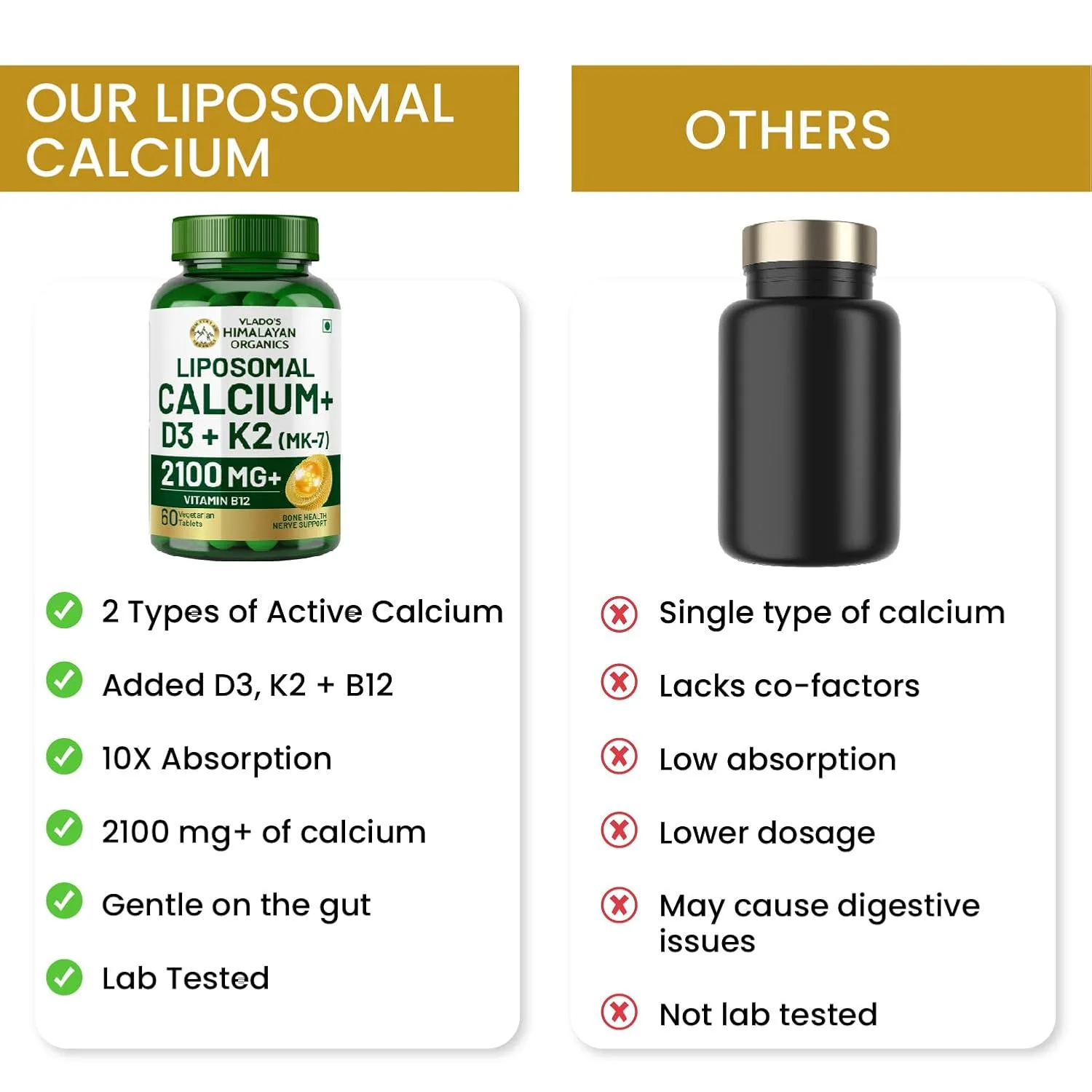 Vlado Himalayan Liposomal Calcium Supplement Label, 2100mg, Vitamin D3 K2 B12, 60 Tablets