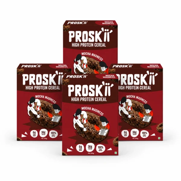 Proskii Plant Protein Cereal - Mocha Madness, 38g Protein per 100g, No Added Sugar, Healthy Breakfast Option (4-Pack)