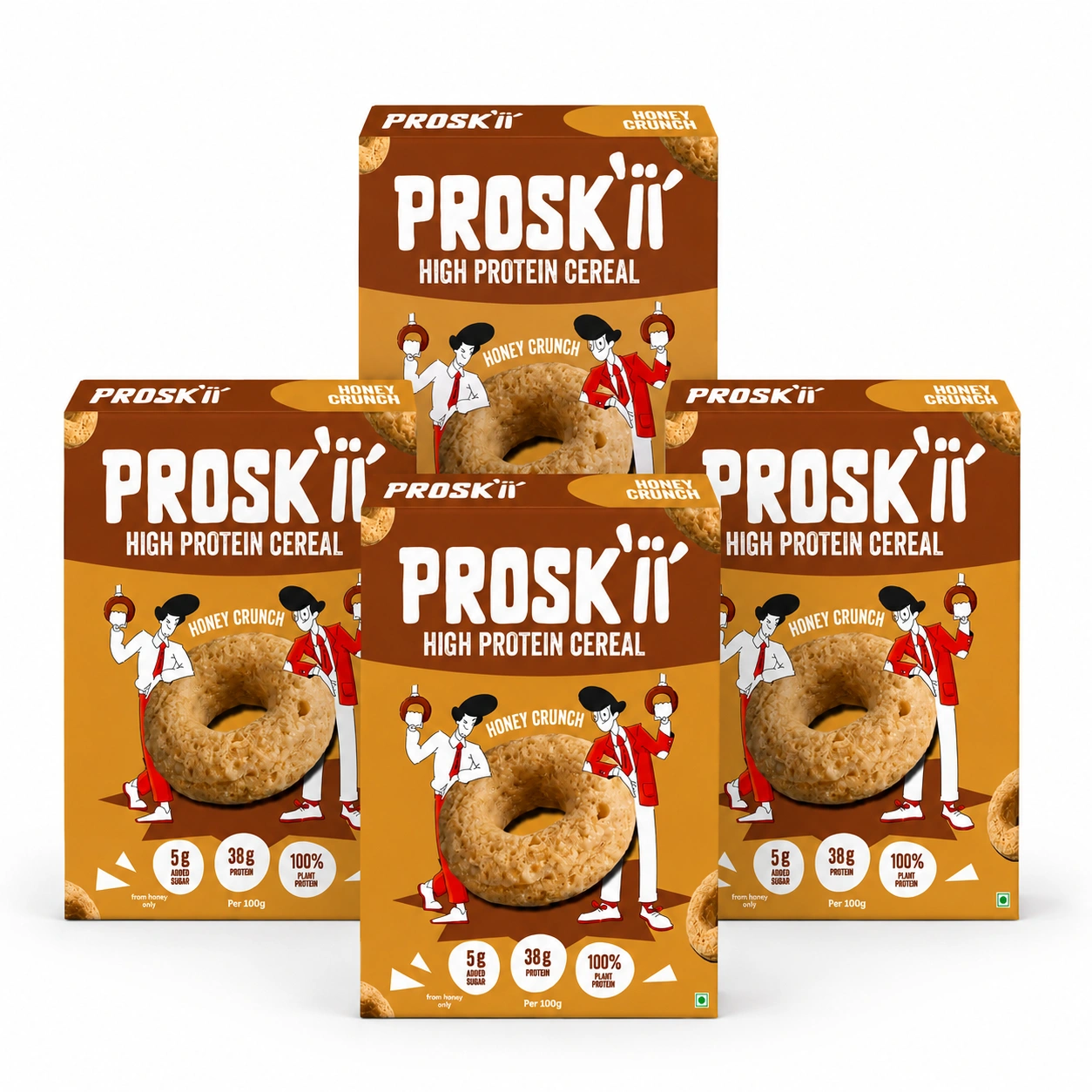 Proskii Honey Crunch High Protein Cereal (Pack of 4) | 38g Protein per 100g, 5g Added Sugar (from Honey) | Guilt-Free Breakfast Cereal