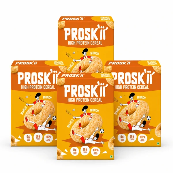 Proskii High Protein Cereal - Mango Munch Flavour (Pack of 4) | Healthy Vegan Breakfast Option | 38g Protein per 100g